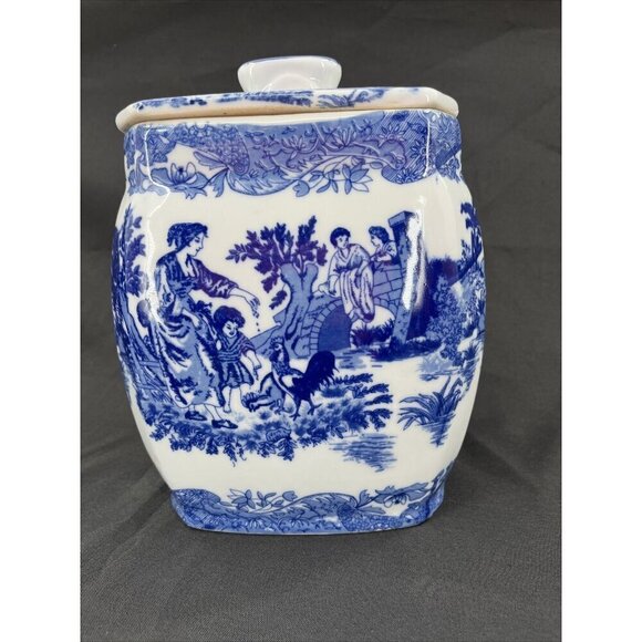 VICTORIA WARE IRONSTONE FLOW BLUE AND WHITE COOKIE JAR / BISCUIT JAR 9.5" TALL - Picture 1 of 9